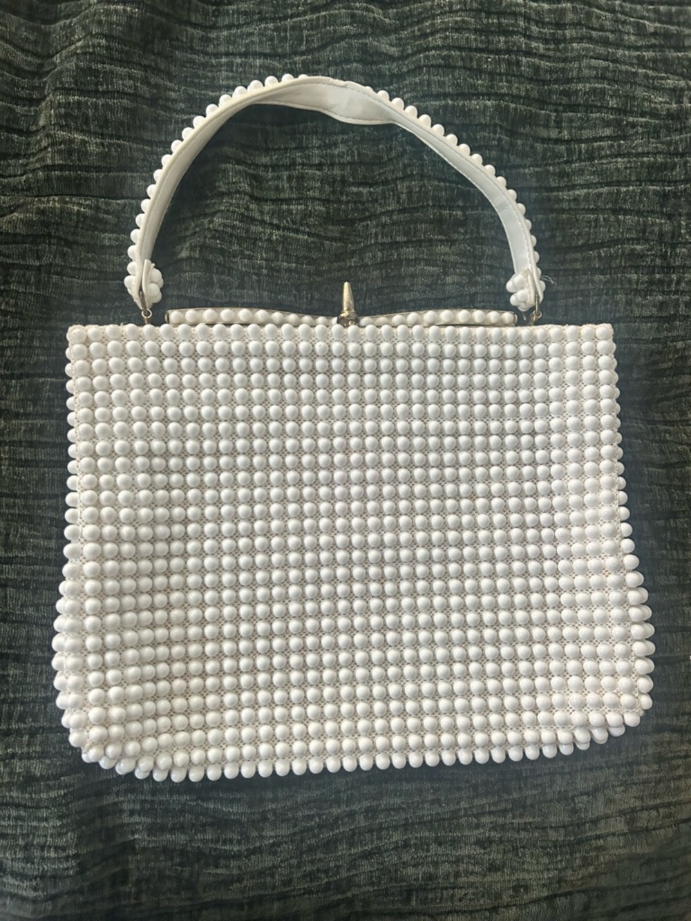 Vintage White Pearl Beaded Top-Handle Shoulder Bag